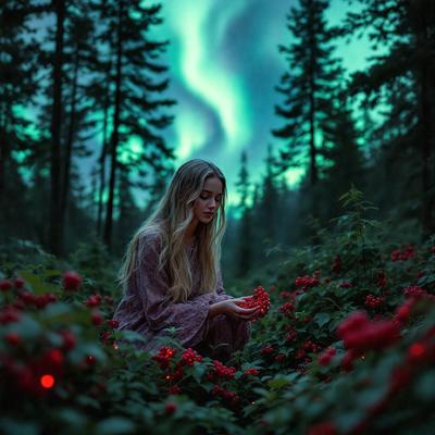 The primary subject of the image is a woman sitting in a field of red flowers. She is holding a red berry in her hand. The setting is a forest, with trees surrounding the field. The visual style is a photo, capturing the woman and the flowers in their natural environment. The colors and mood of the image are vibrant and serene, with the red flowers and the woman's presence creating a sense of tranquility and connection to nature.